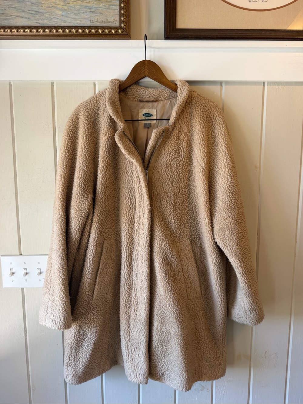 Old Navy Long Tan Teddy Sherpa Zip-Up Jacket, Size XL